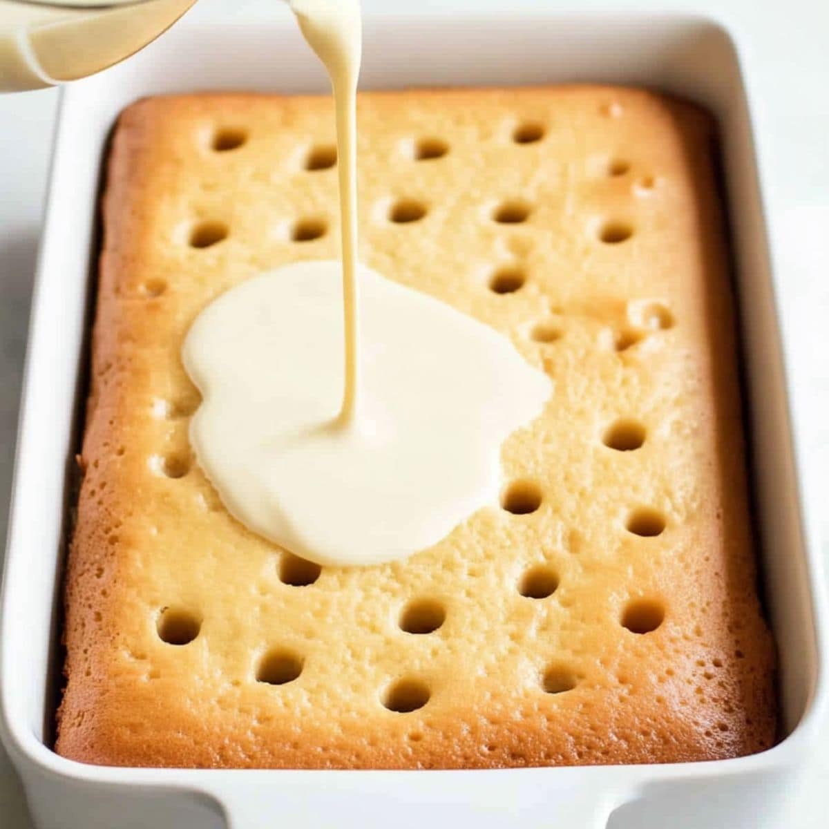 Vanilla pudding poured over cake with holes in a rectangular baking dish.