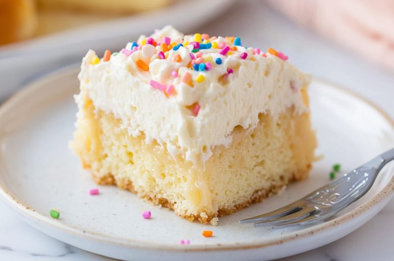 Vanilla poke cake slice with candy sprinkles on top served in a white plate.