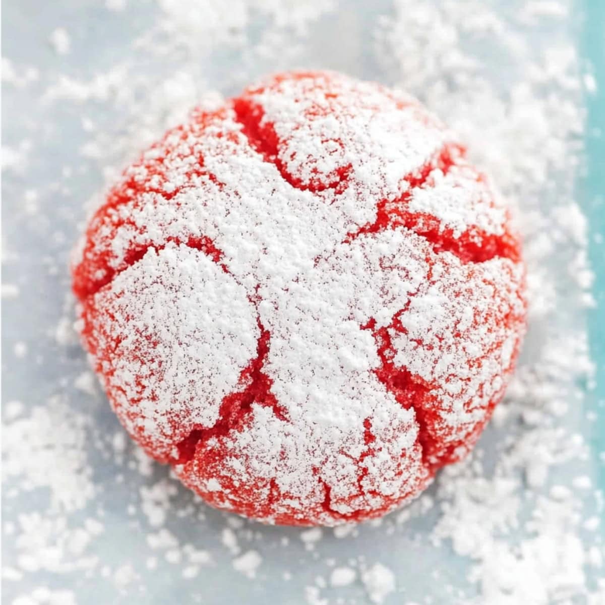 A single strawberry crinkle cookie, close up