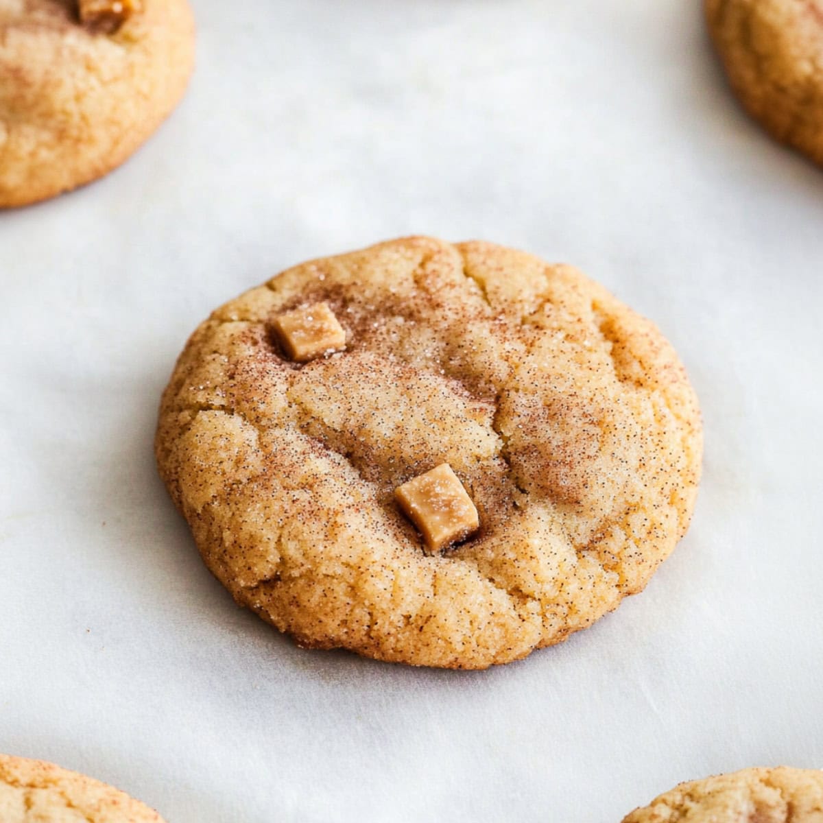 A piece of freshly baked toffee doodle cookie, each with a crisp, cinnamon-sugar exterior and chewy toffee-filled center.