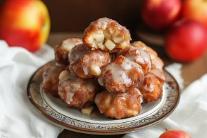 Stacked apple fritter bites with glaze in an elegant plate.