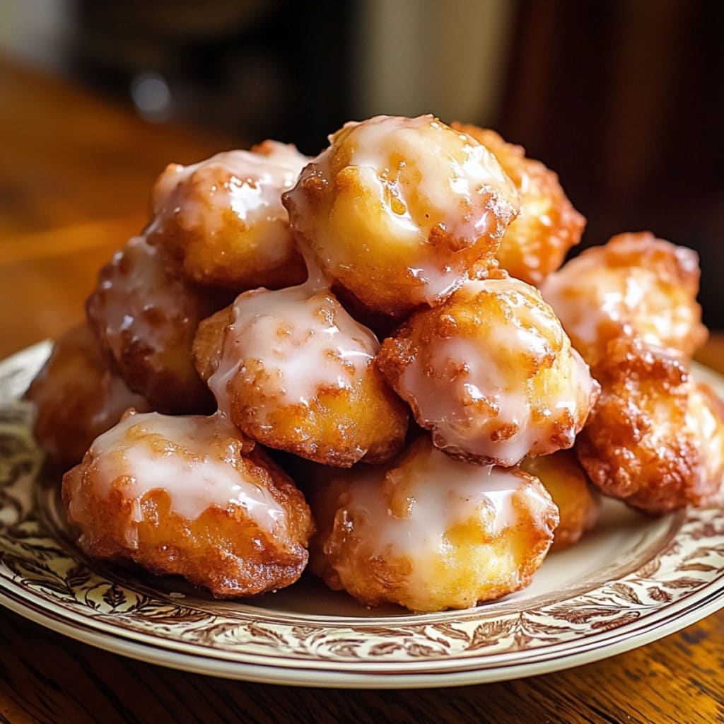 Crispy, bite-sized apple fritters lightly glazed on a serving plate.