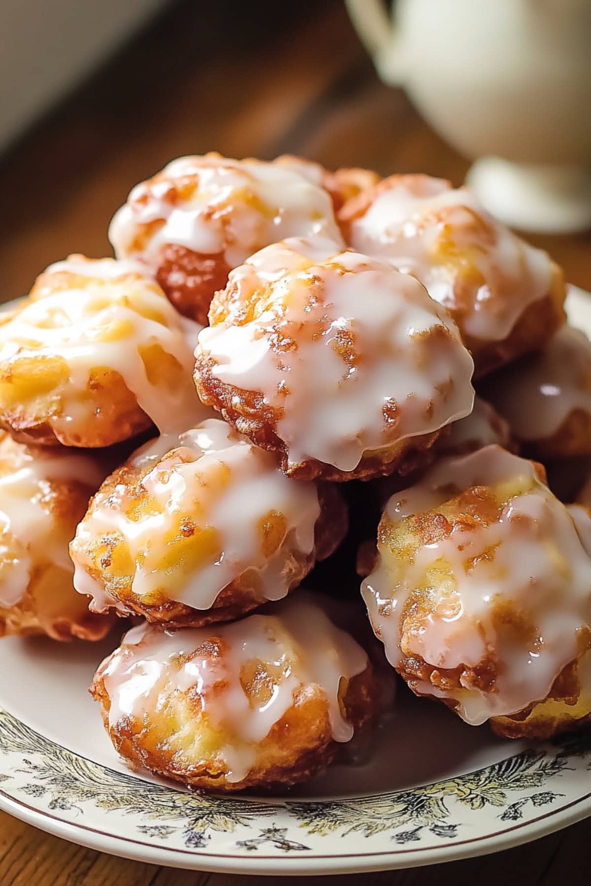 Golden, crispy apple fritter bites with glaze, piled on an elegant plate.