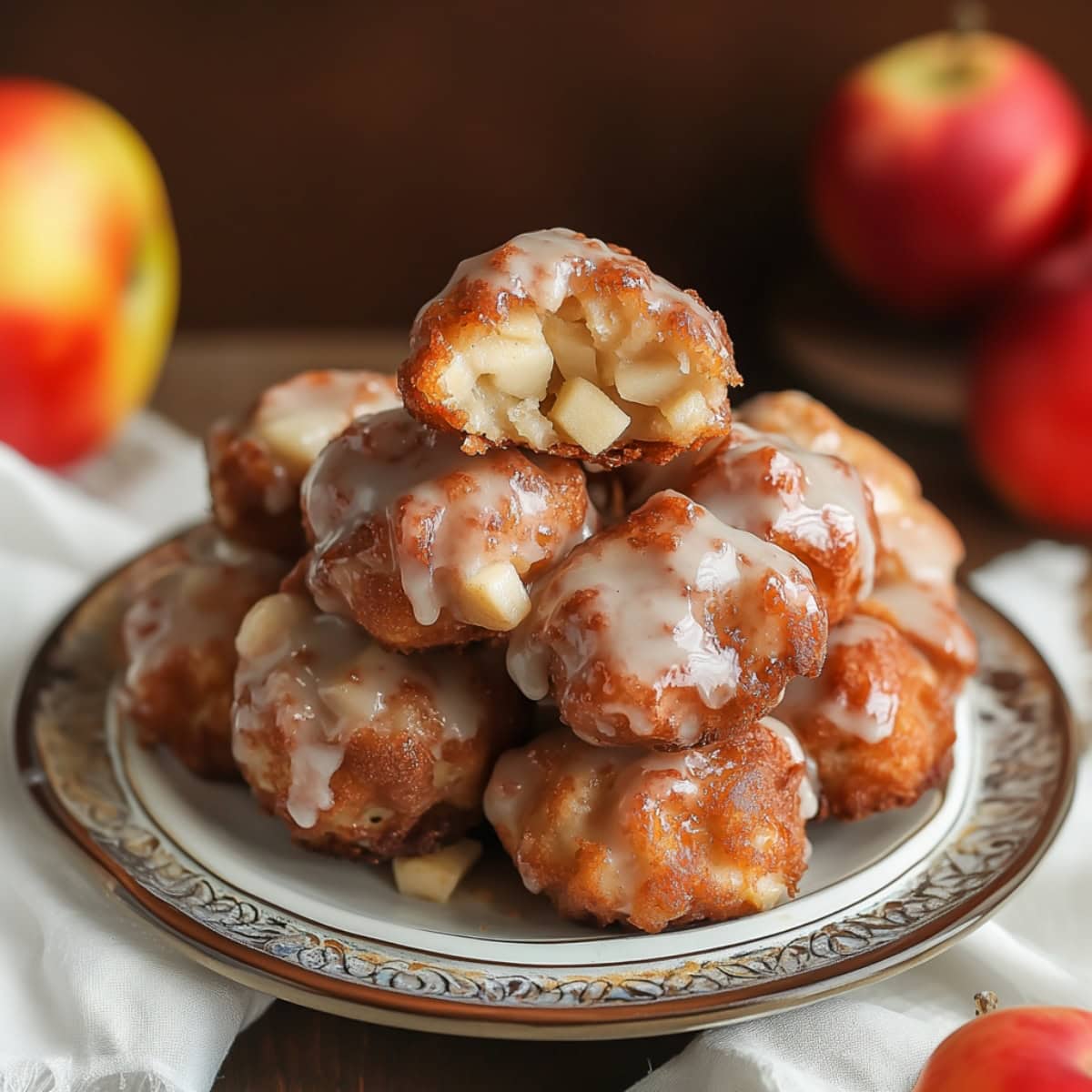 A plate of bite-sized apple fritters, crispy on the outside and soft on the inside, drizzled with a sweet glaze.