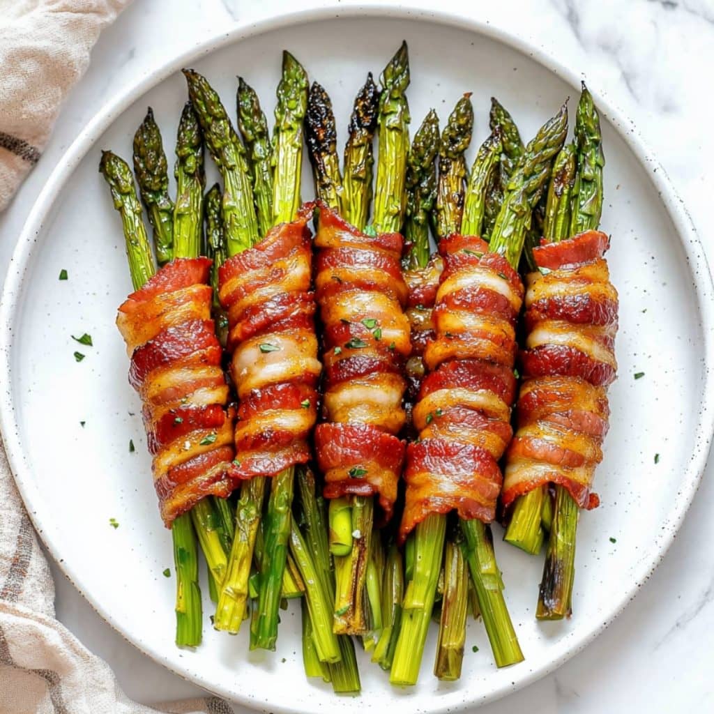 Bacon-wrapped asparagus freshly roasted and served in a white plate.