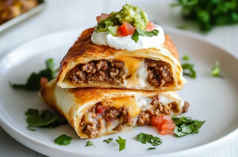 Two beef and cheese chimichangas stacked on top of each other in a white plate.