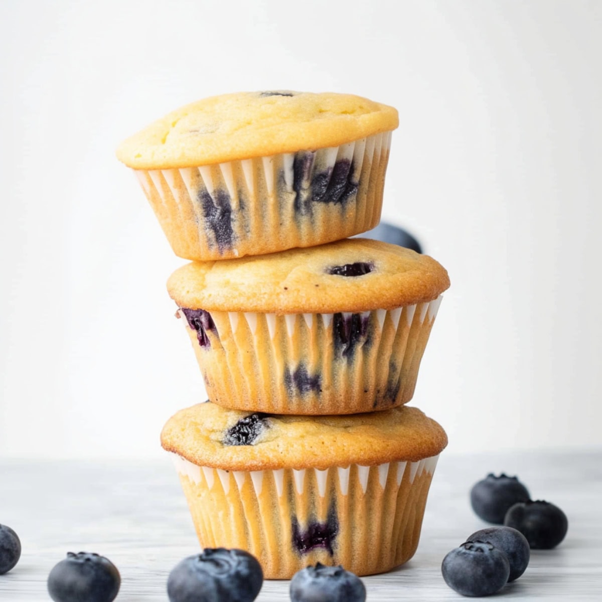 Blueberry muffins stacked on top of each other. 