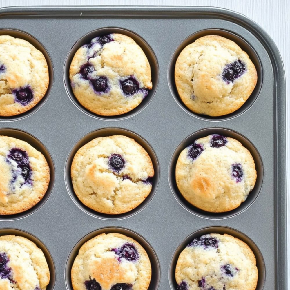 Muffins with blueberries in a muffins pan. 