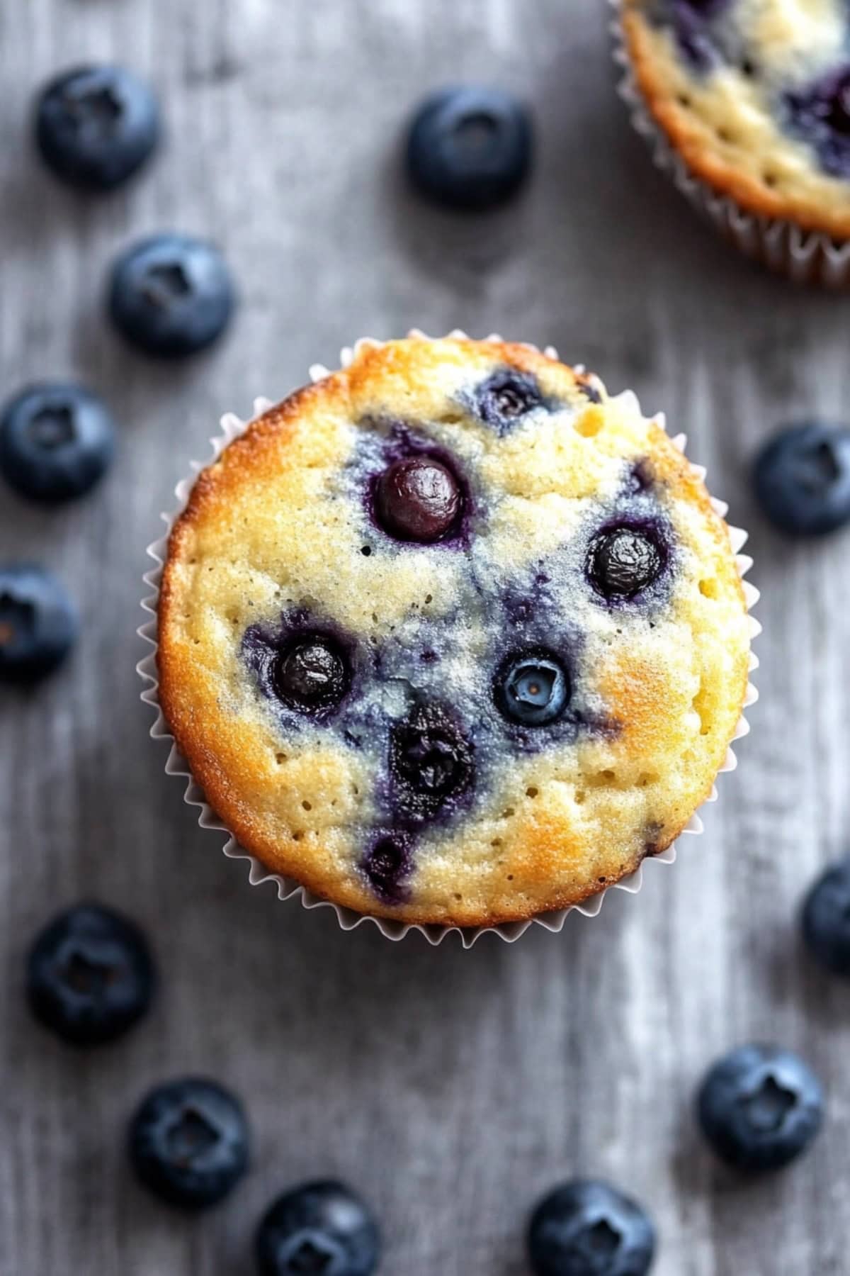 Blueberry muffins sitting on a wooden table with blueberries scattered around it. 