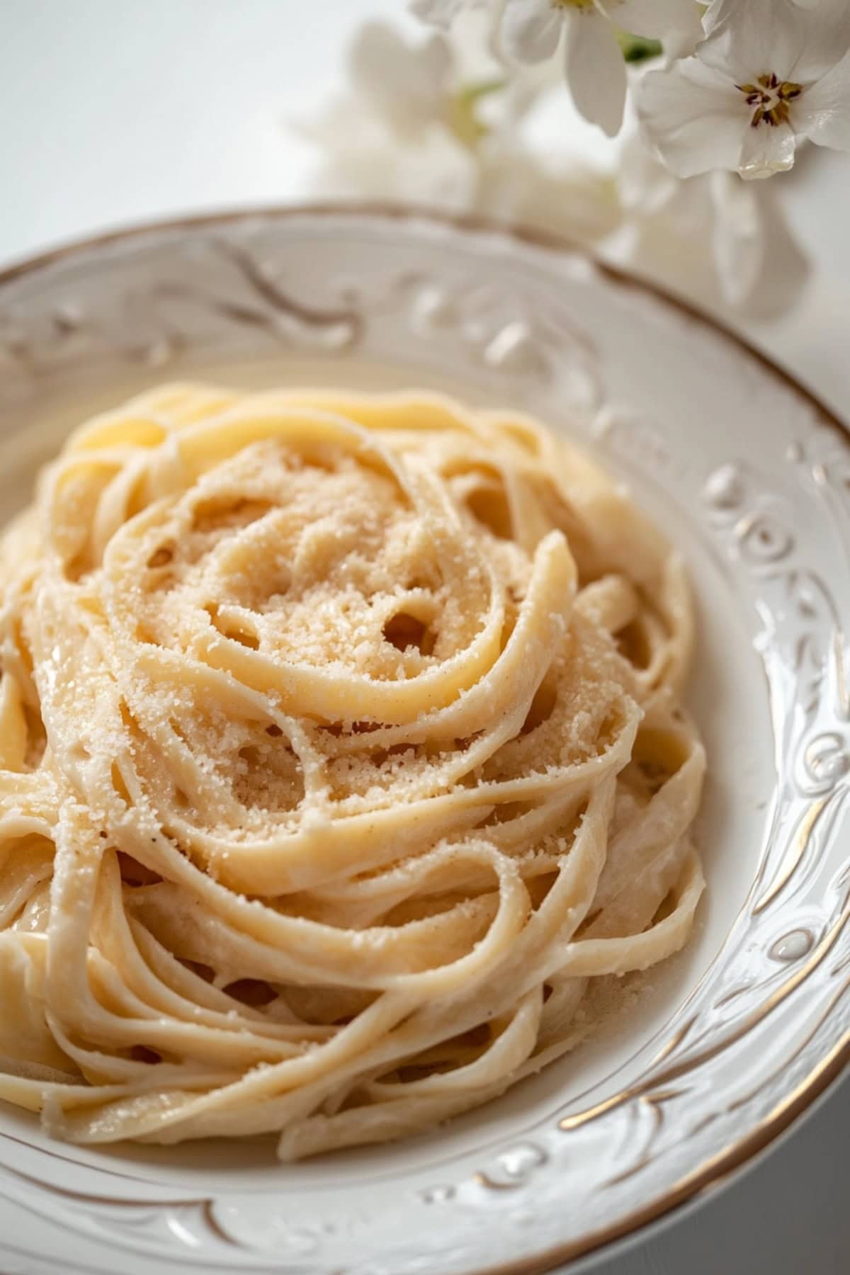 Fettuccine pasta with brown d butter sauce served in a plate garnished with parmesan cheese.