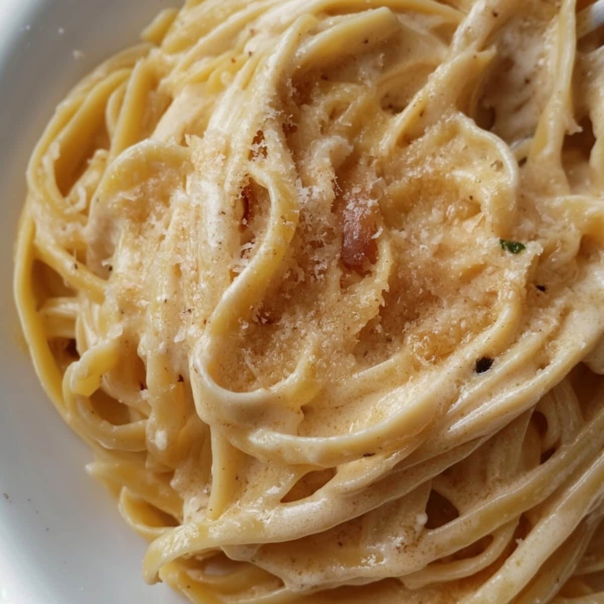 Browned butter fettucine alfredo garnished with parmesan cheese.