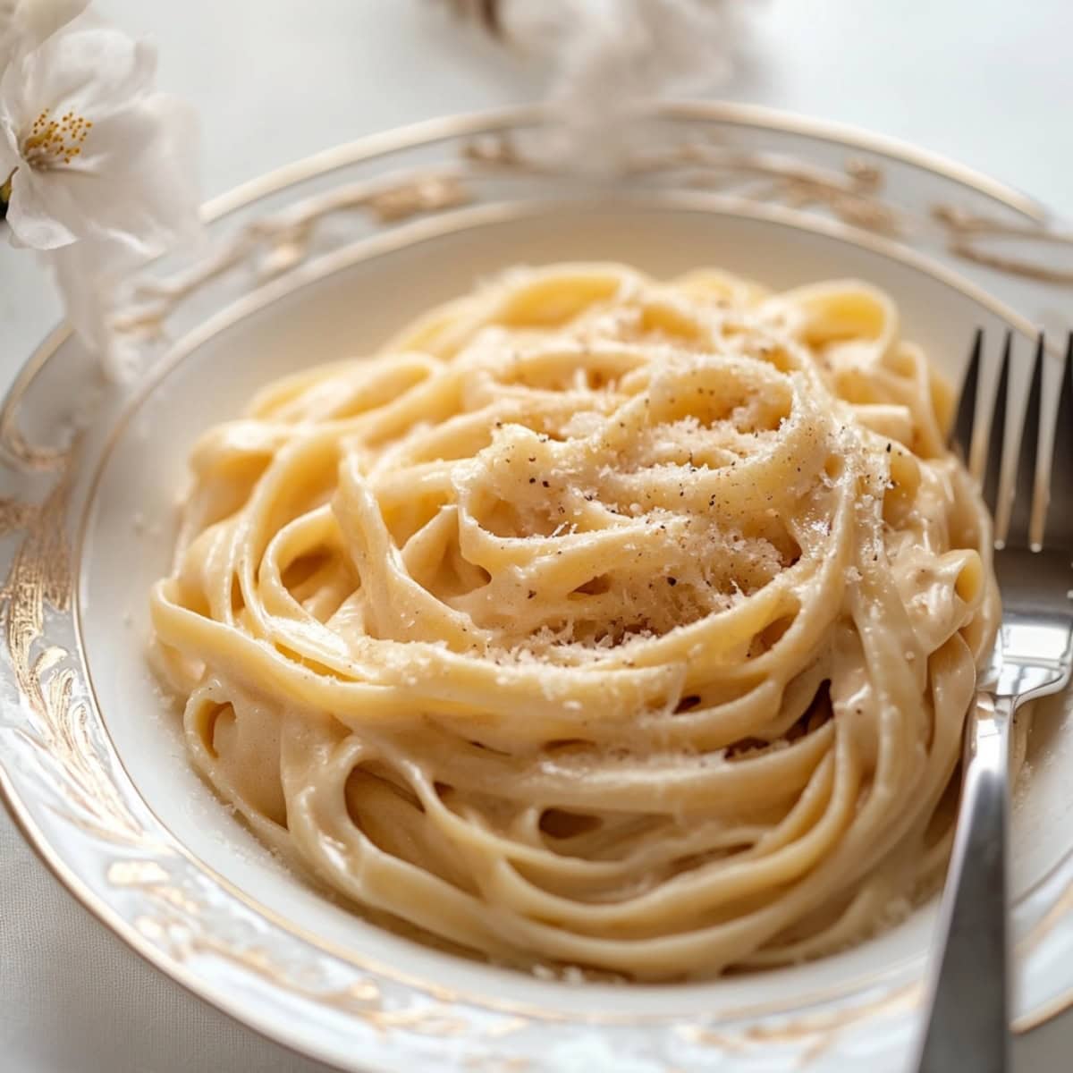 Browned butter fettucine alfredo served in an antique plate, fork on the side.