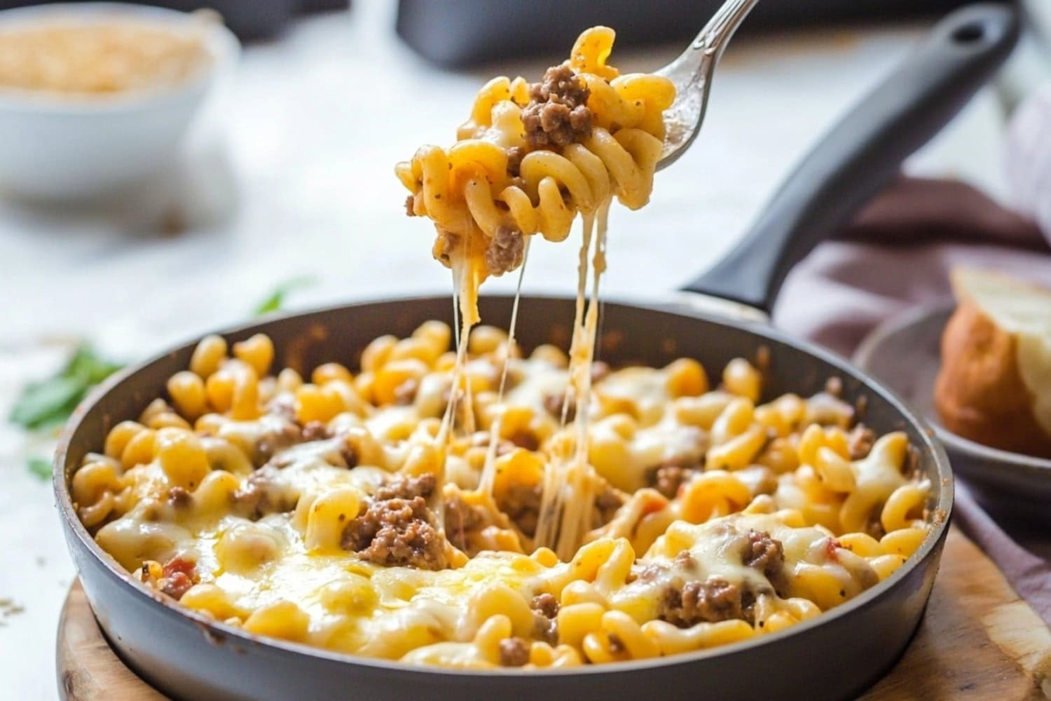 Cheeseburger pasta in gooey cheesy sauce lifted by a fork from skillet pan.