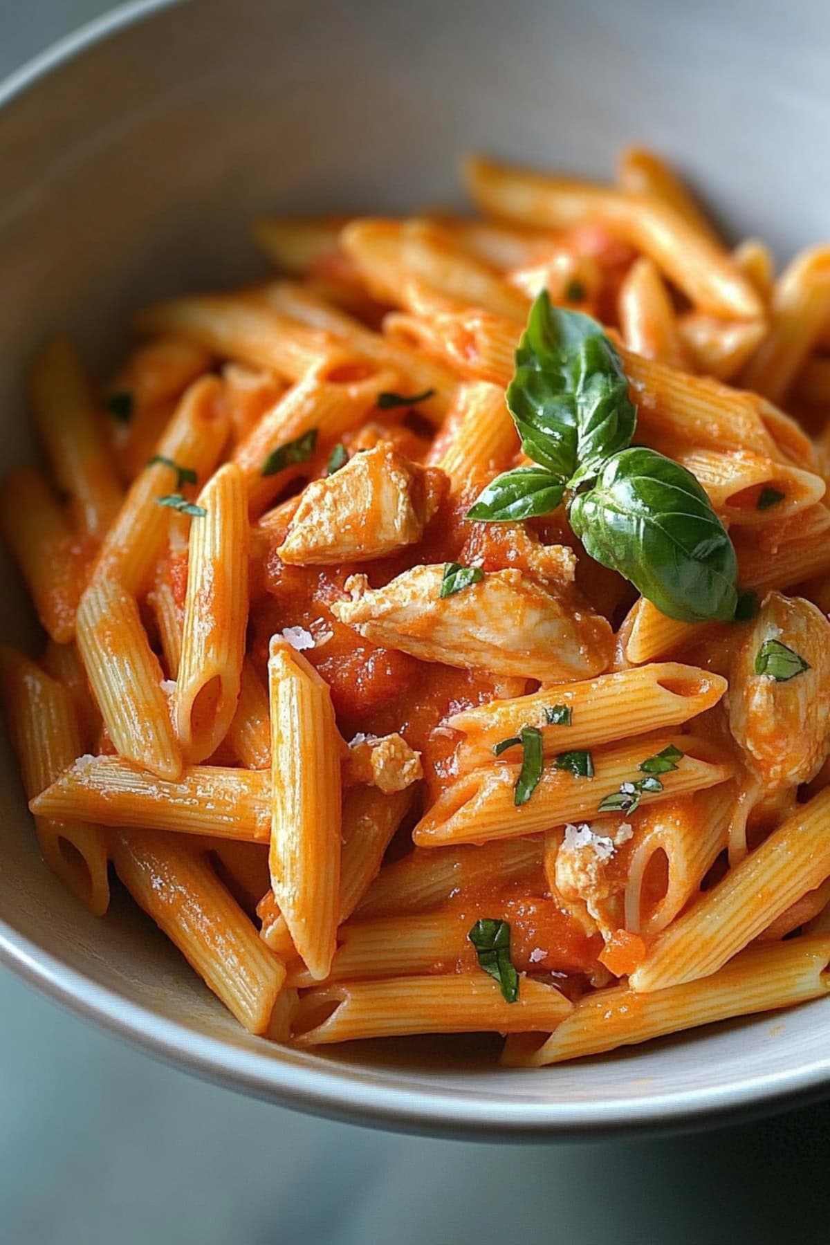 Serving of penne pasta with chicken cooked in tomato and cheese sauce served in a bowl.