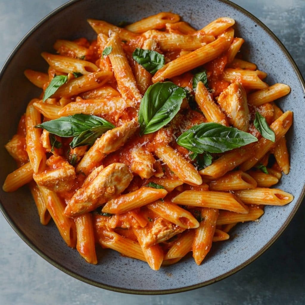 Serving of chicken penne ala vodka in a black bowl garnished with basil leaves.