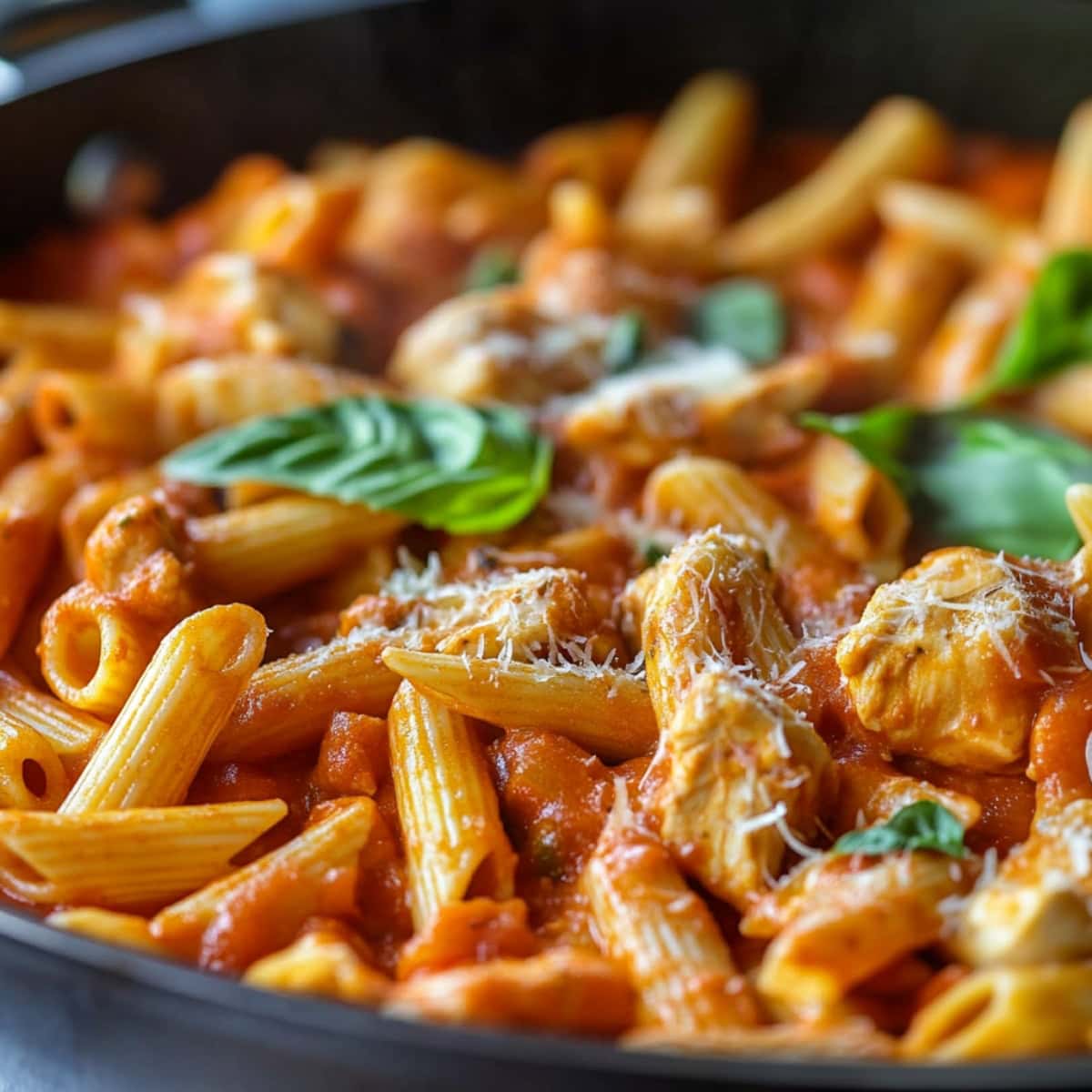 Chicken penne pasta in tomato sauce garnished with parmesan cheese on top cooked in a pan.