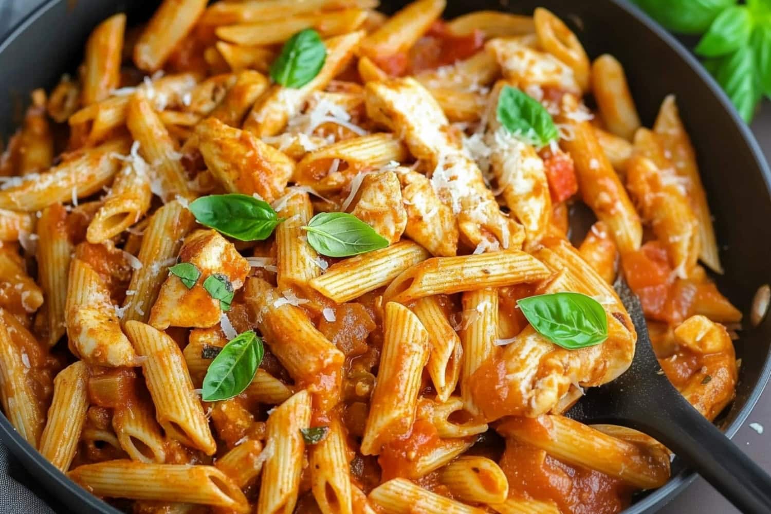 Chicken penne pasta with parmesan cheese and chopped parsley in a pan.