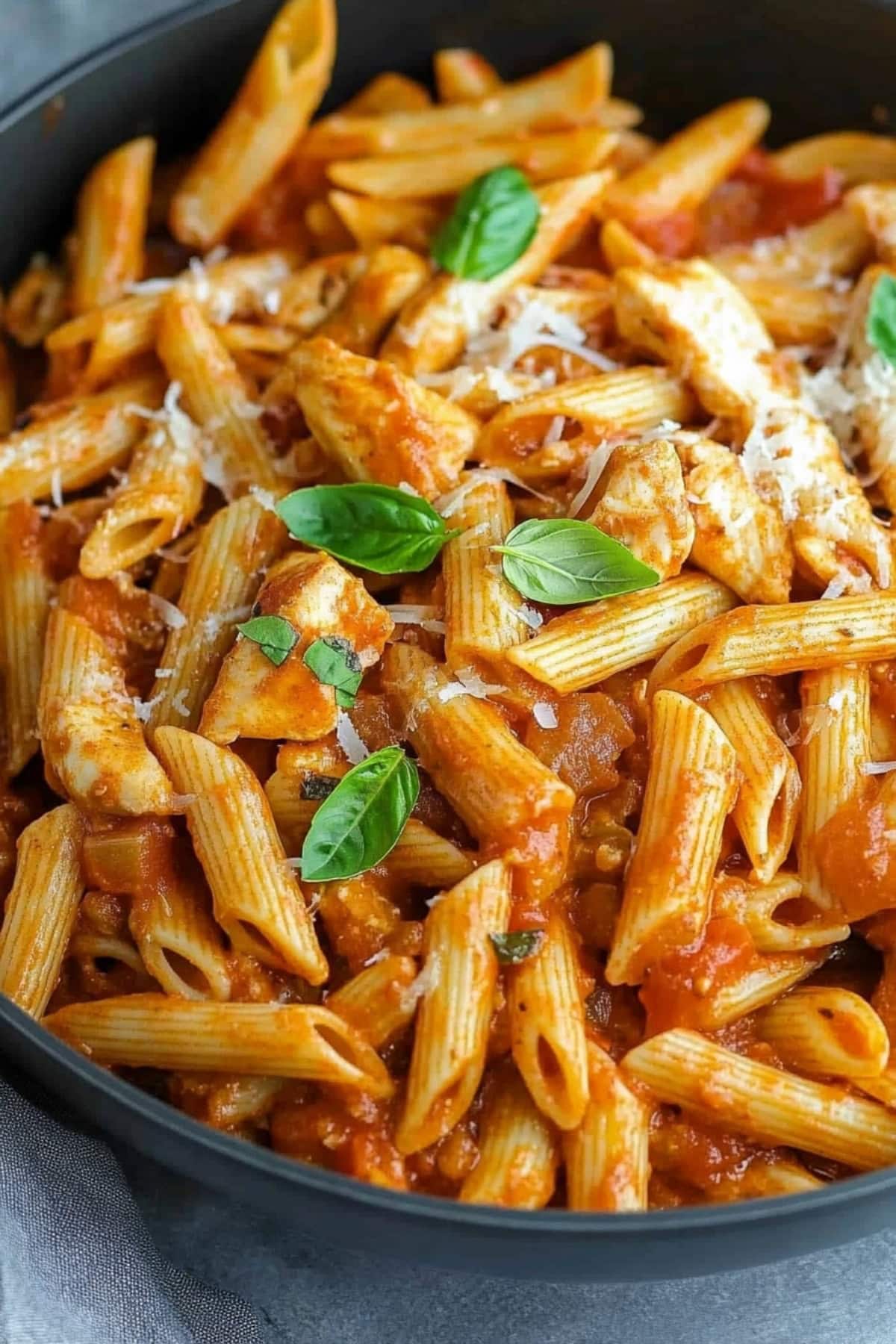 Penne pasta in pan cooked in cheesy tomato sauce with chicken.