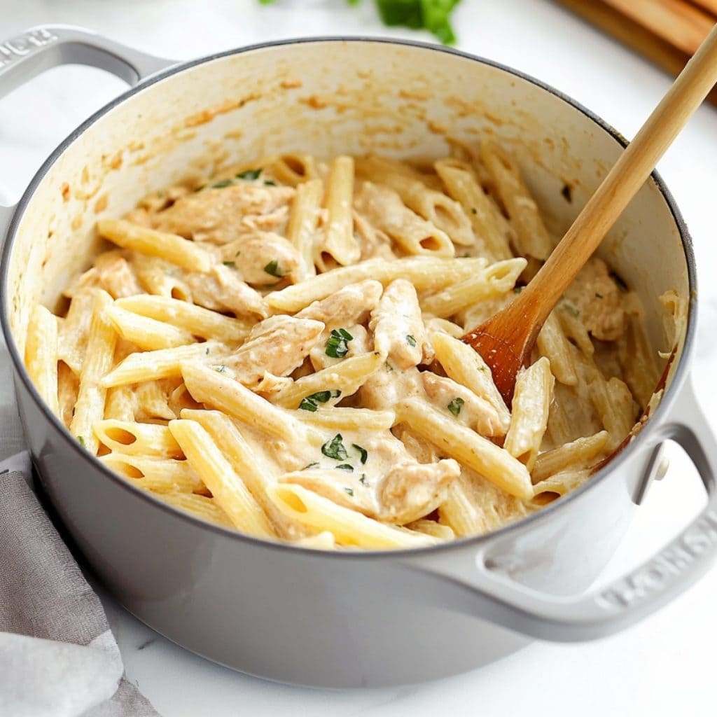 Creamy penne pasta with chicken in a pot
.