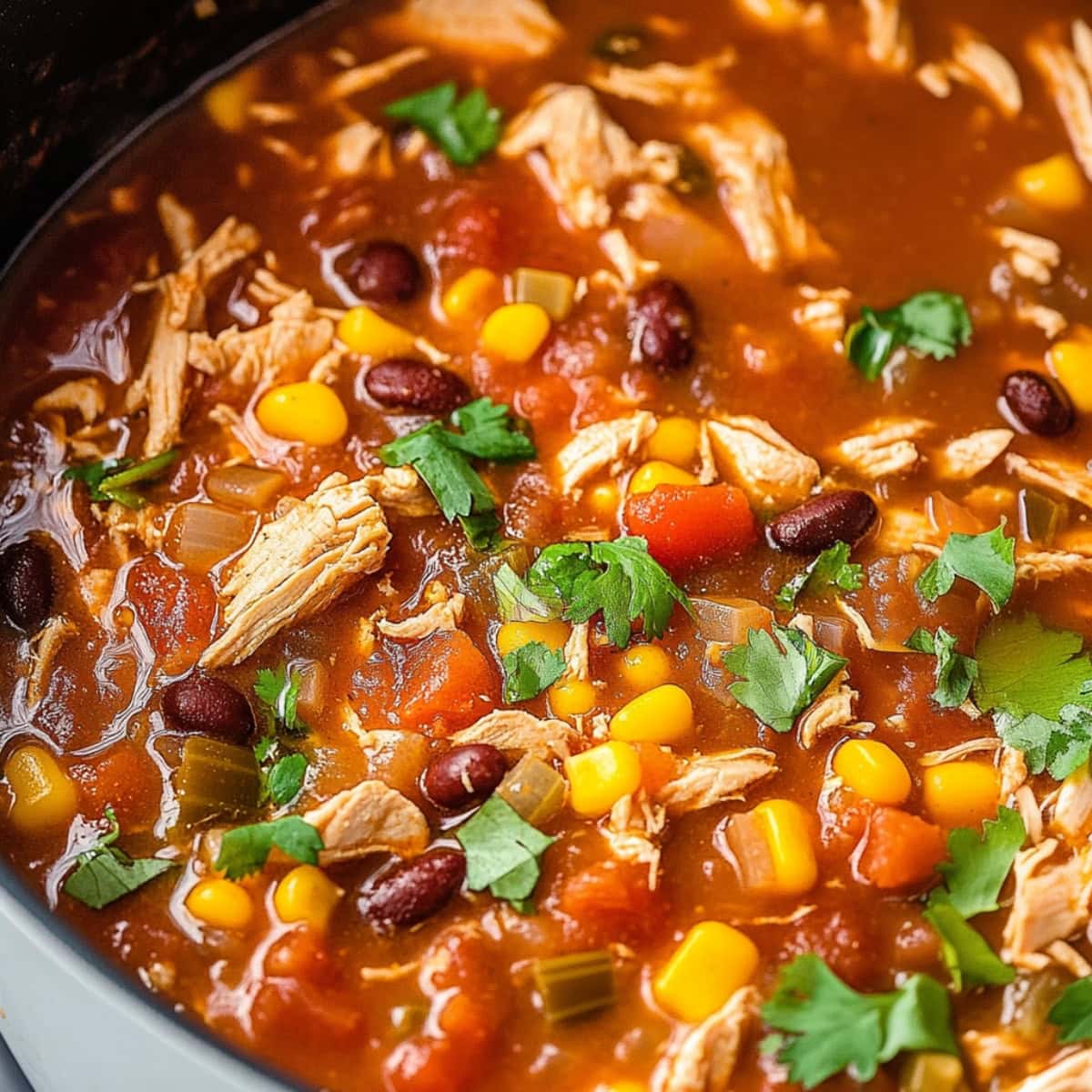 Rich chicken taco soup with beans, corn kernel, and shredded chicken.