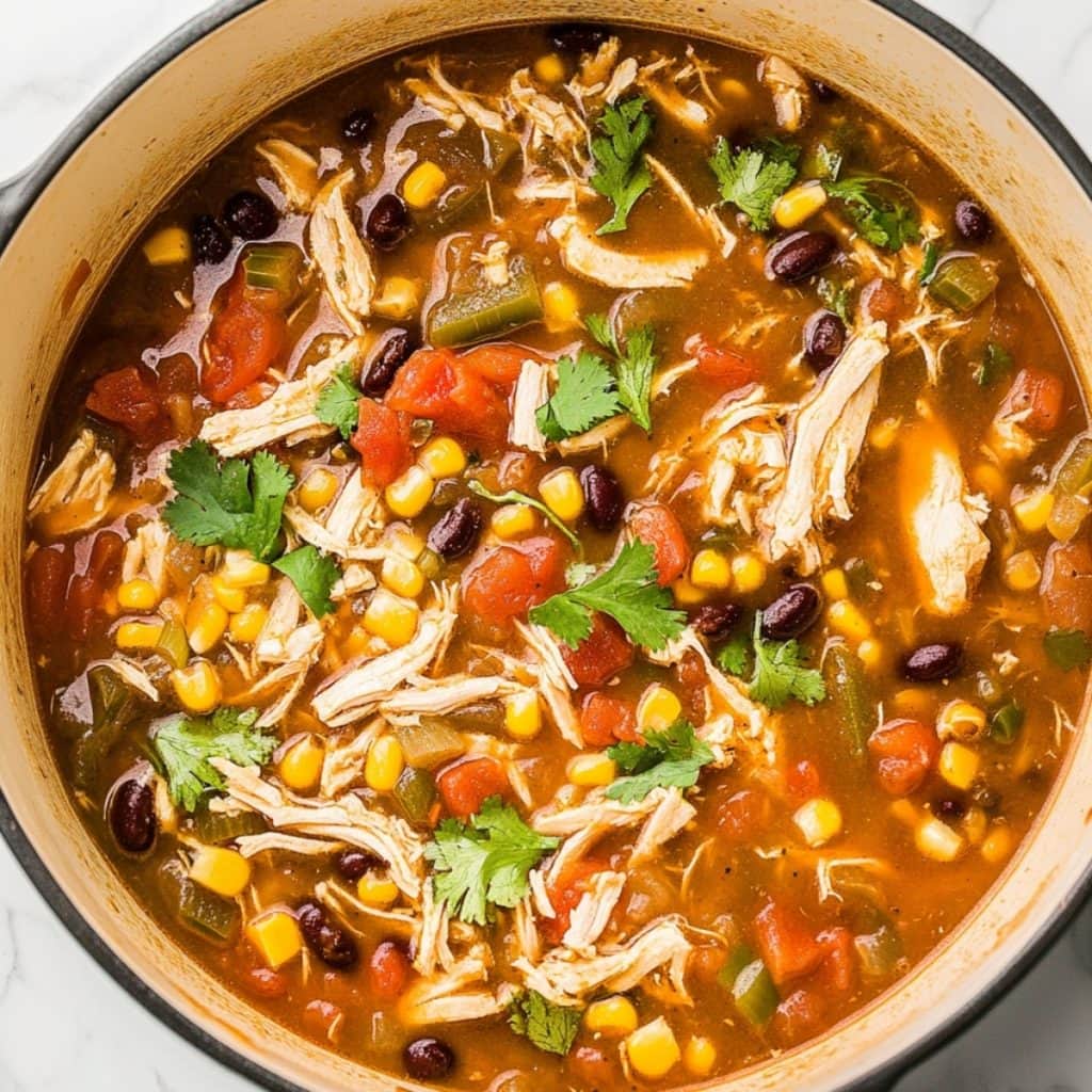 Shredded chicken, corn, beans, bell pepper in a rich tomato broth cooked in a white pot.