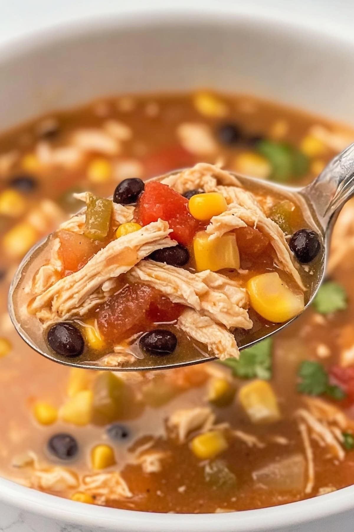 Spoon scooping a serving of chicken taco soup served in a white bowl.