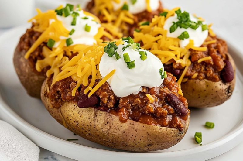 Chili baked potatoes featuring ground beef and beans, garnished with shredded cheese and sour cream.