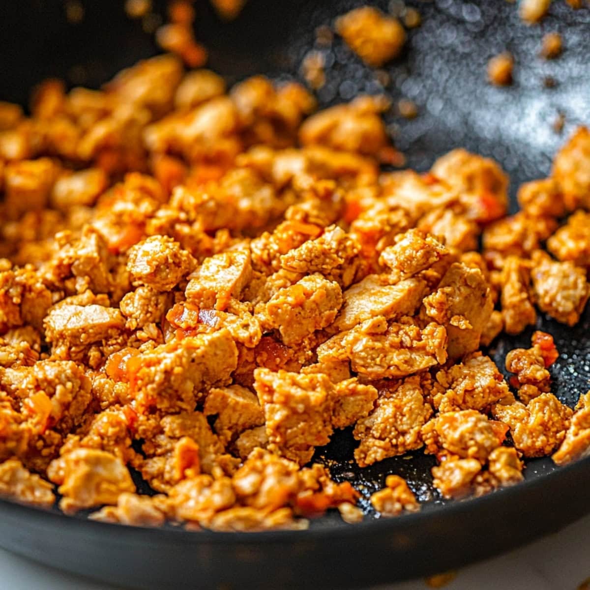 A skillet of chipotle sofritas or cooked tofu.