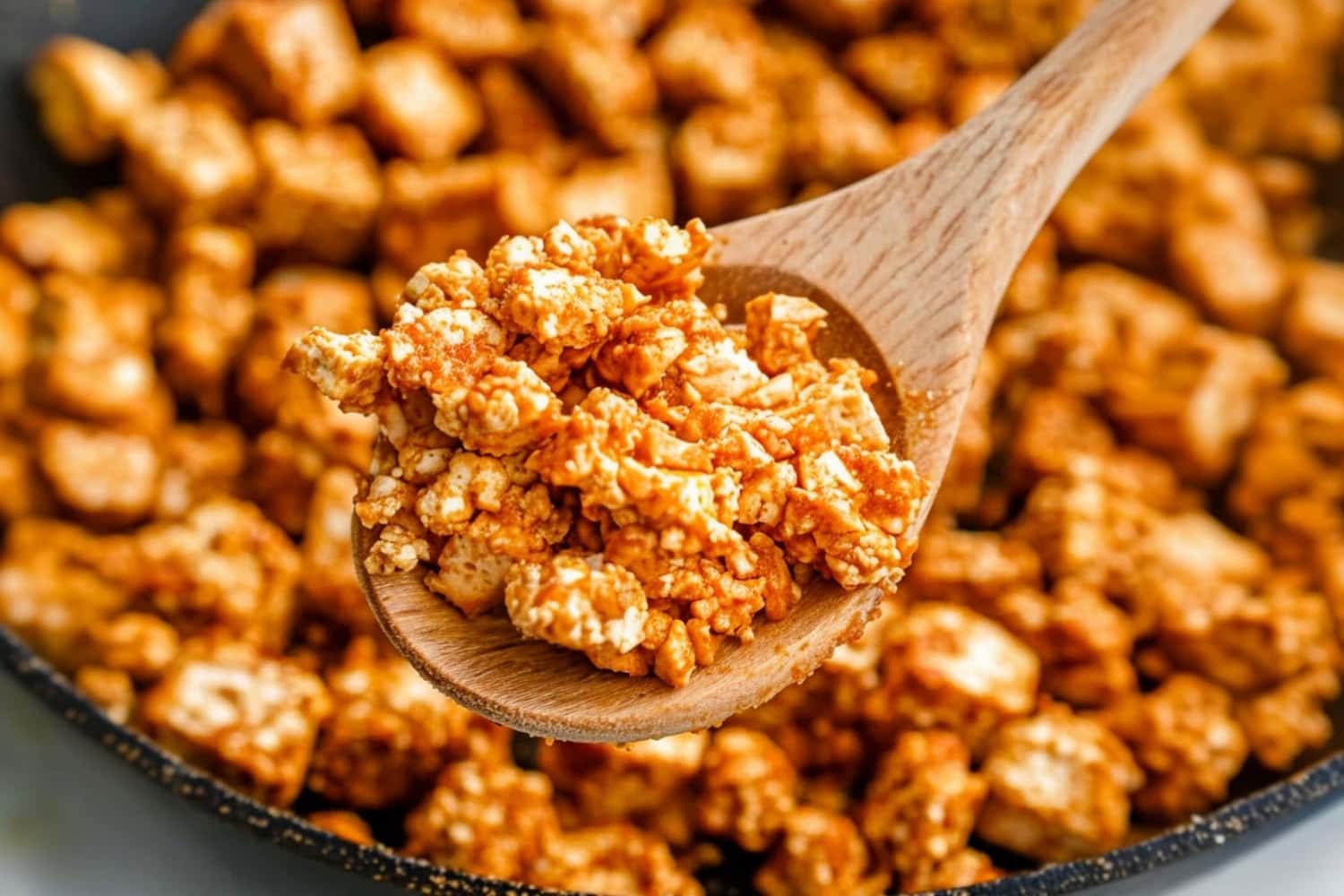 Chipotle Sofritas: Golden-brown tofu seasoned with spices in a skillet.