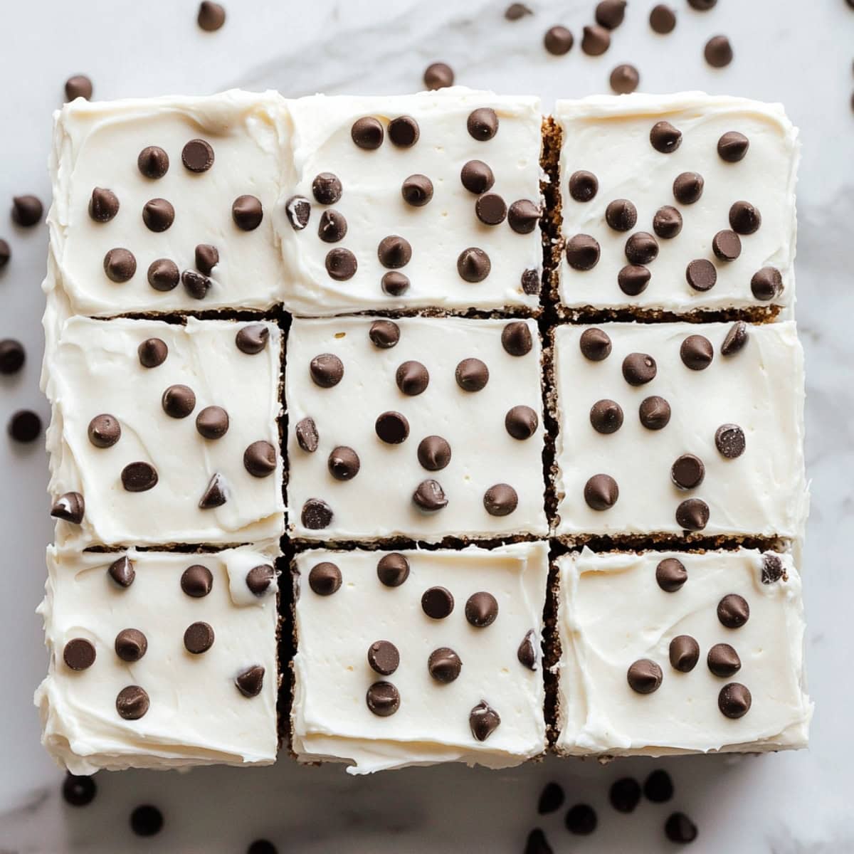 Nine square pieces of cake with white frosting and chocolate chips on top, top view