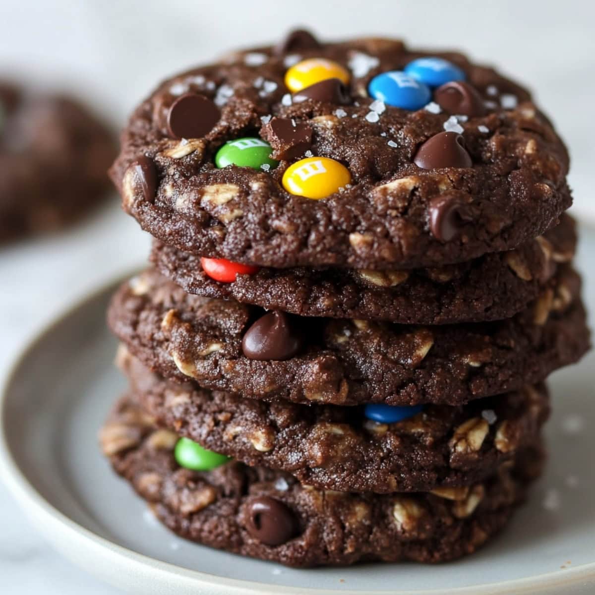 Chocolate chip and oat cookies with M&Ms and chocolate chips on top.