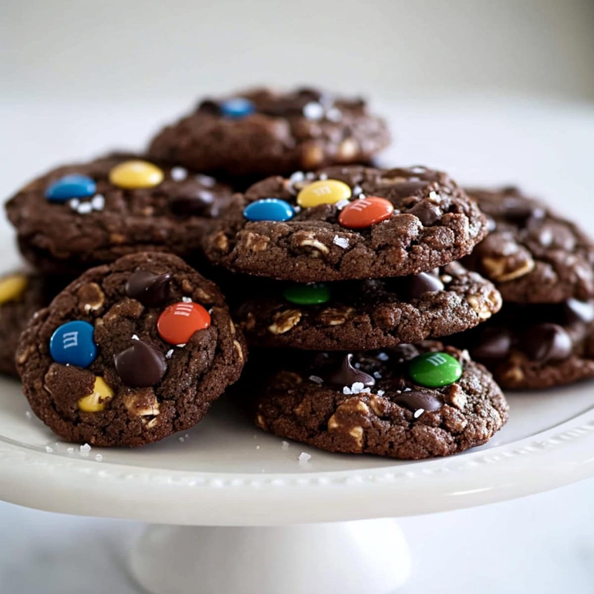 Chocolate cookies piled on a white cake stand.