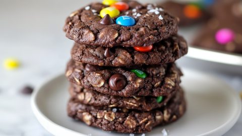 Stack of chocolate chips cookies on a white plate.