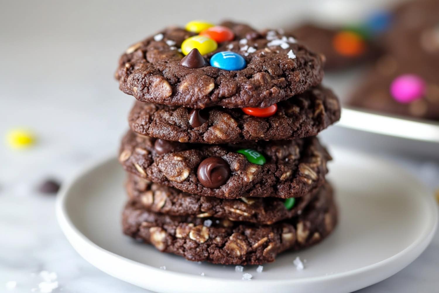 Stack of chocolate chips cookies on a white plate.