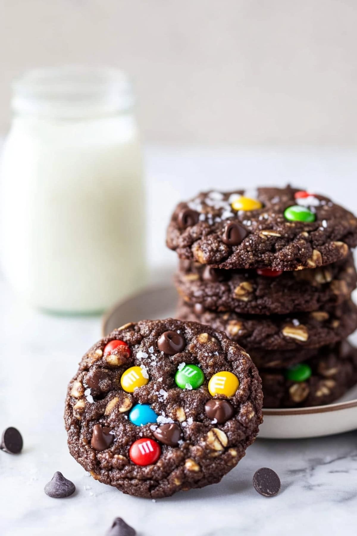 Chocolate peanut butter cookies stacked on a plate with a glass of milk on the side.