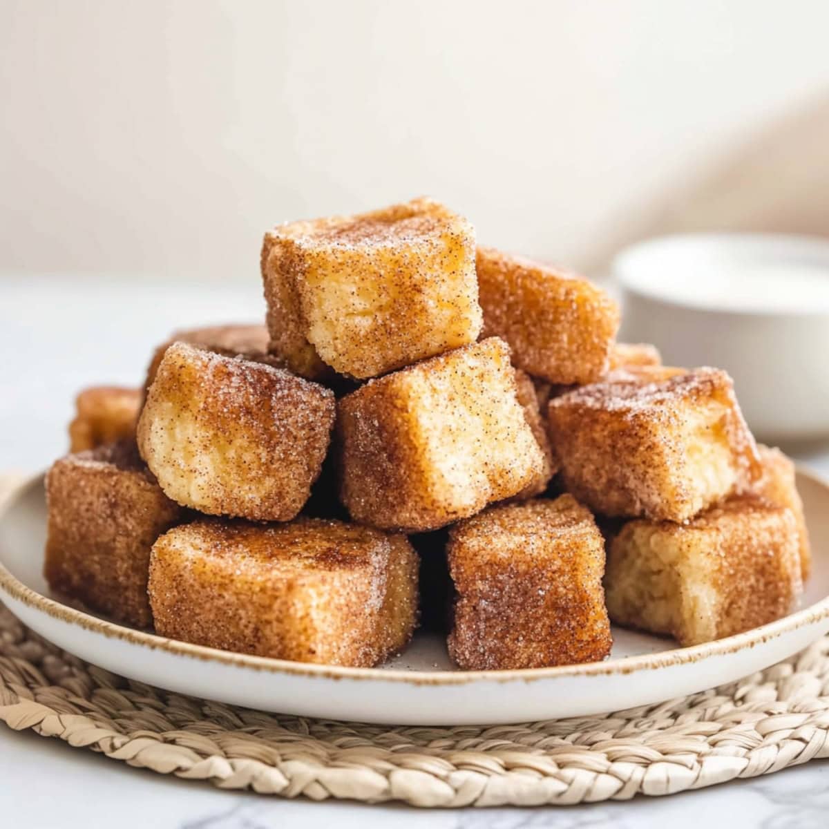 Cubes of cinnamon French toast served on a plate.