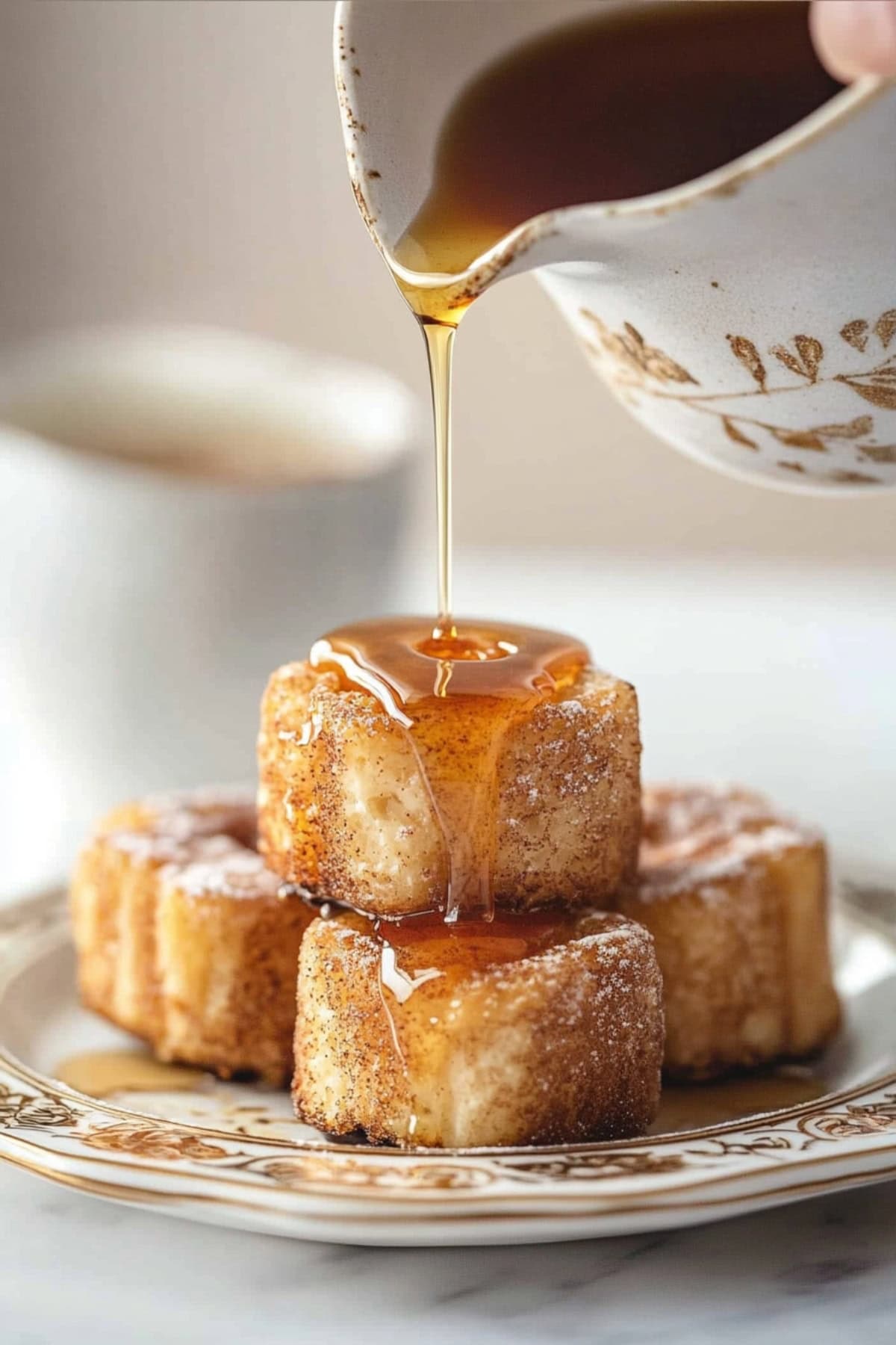 Plate of cinnamon French toast bites drizzled with syrup.