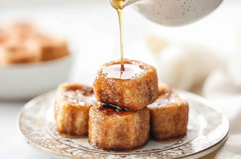 maple syrup drizzled over bunch of cinnamon French toast bites served in a plate.