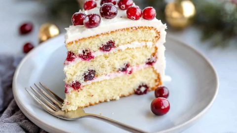 Rich and creamy cranberry orange cake in a plate.