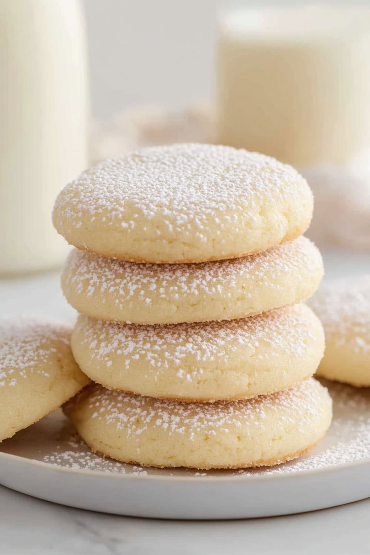 Bunch of cream cheese cookies dusted with powdered sugar stacked on top of each other in a plate.