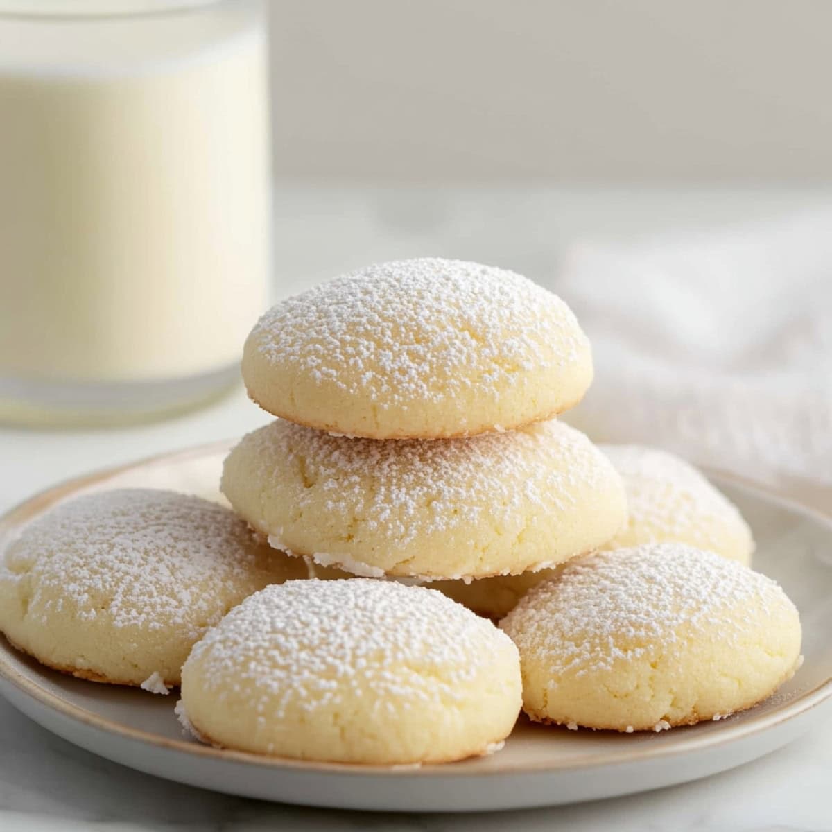 Bunch of cream cheese cookies served in a white plate dusted with powdered sugar.