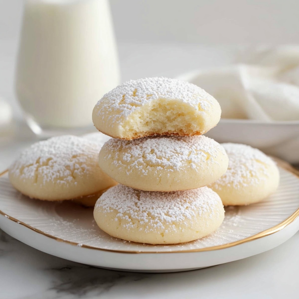 Bitten cream cheese cookies sitting on top of the other batches served in a plate.