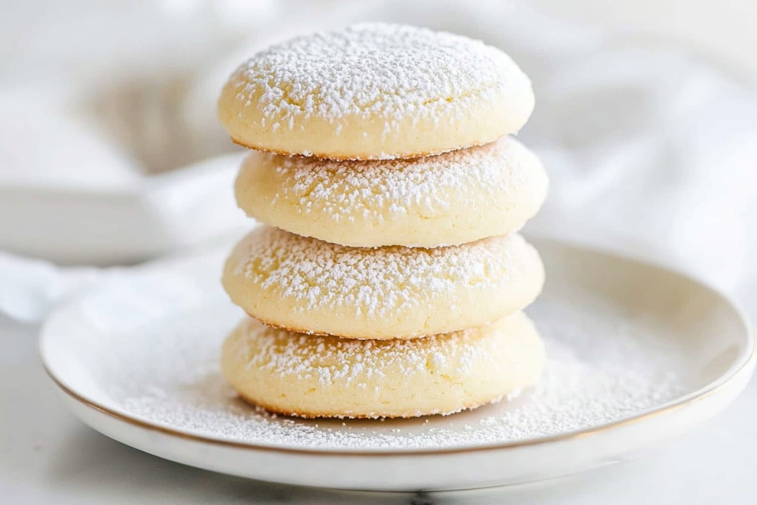 Pieces of cream cheese cookies sitting on top of each other in a plate.