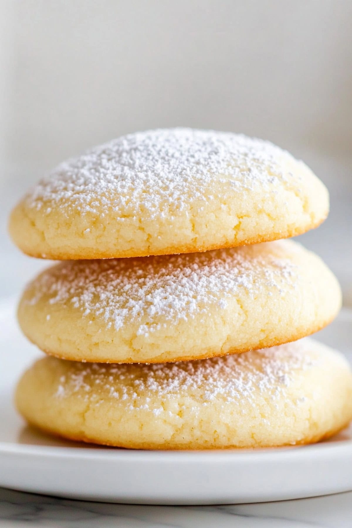 Three pieces of cream cheese cookies stacked on top of each other served in a plate.