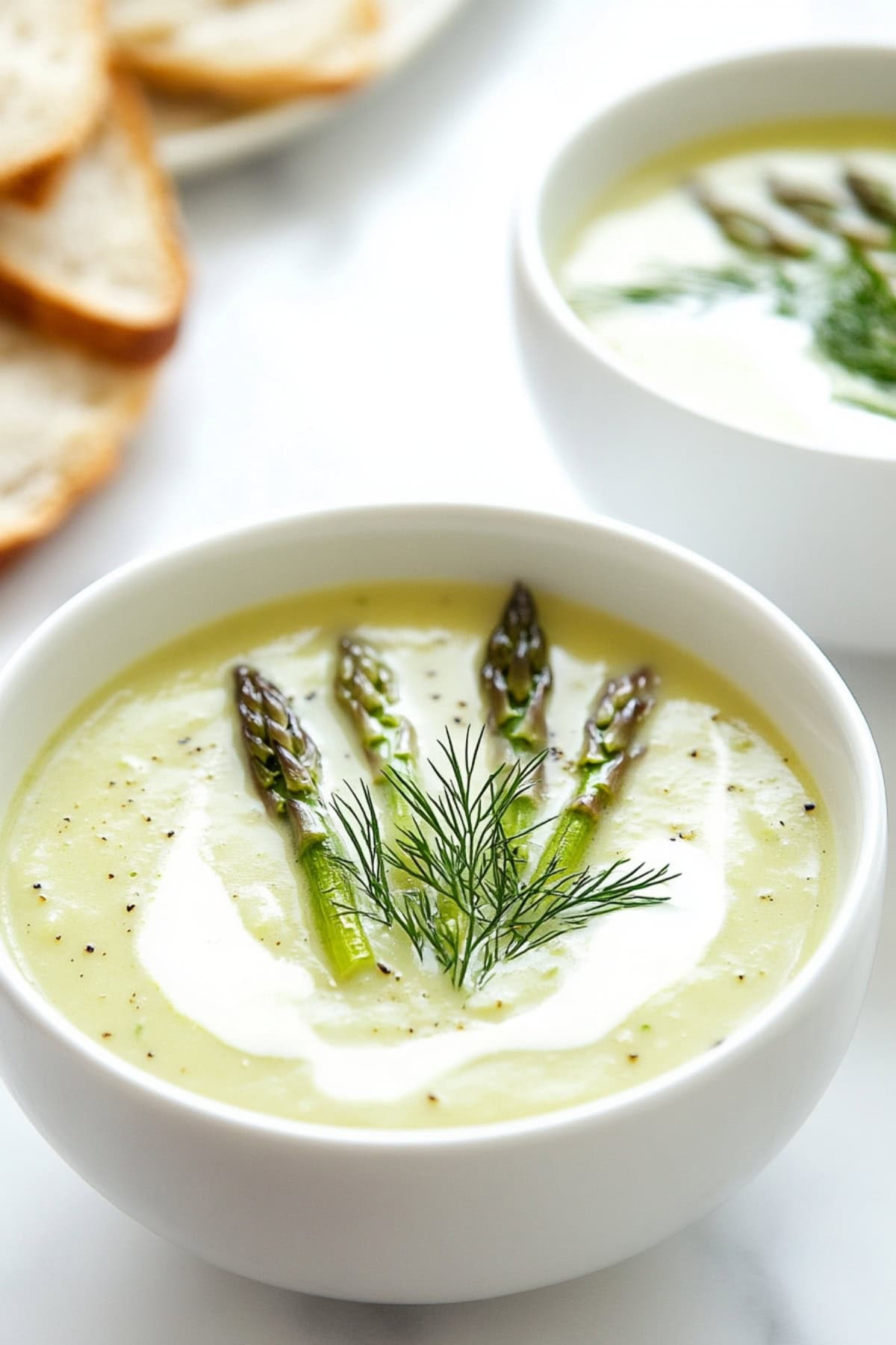 A serving of asparagus soup in a white bowl with a drizzle of cream and sliced asparagus on top.