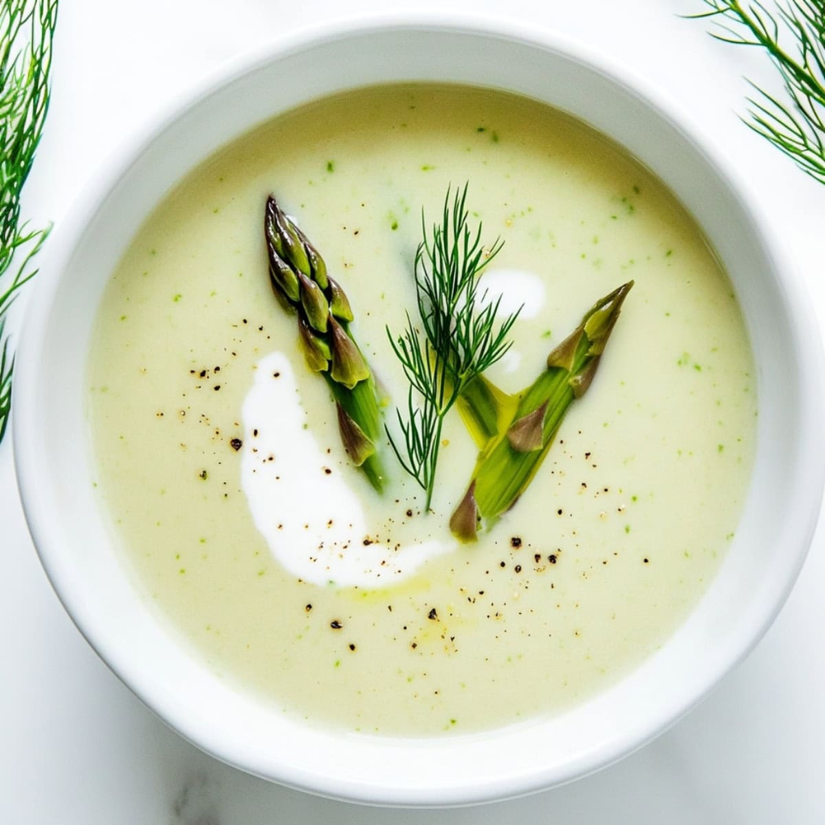 Creamy asparagus soup served in a white bowl.