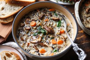 Serving of creamy wild rice and mushroom soup in bowls sitting on a wooden table.