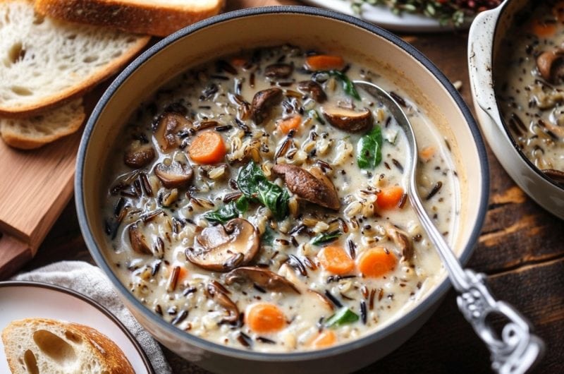 Serving of creamy wild rice and mushroom soup in bowls sitting on a wooden table.