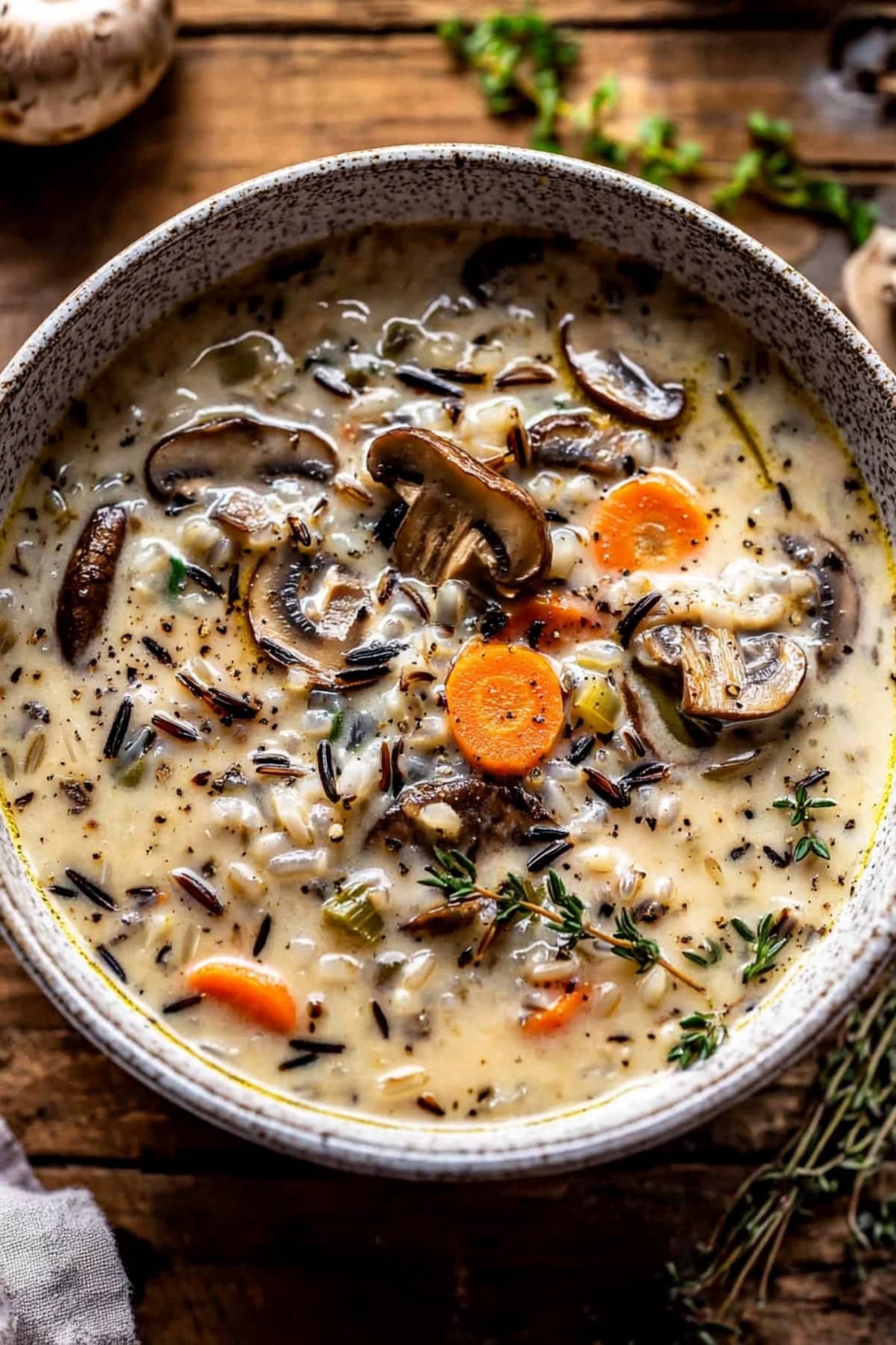 Creamy mushroom and wild rice soup with chopped carrots and herbs served in a bowl.