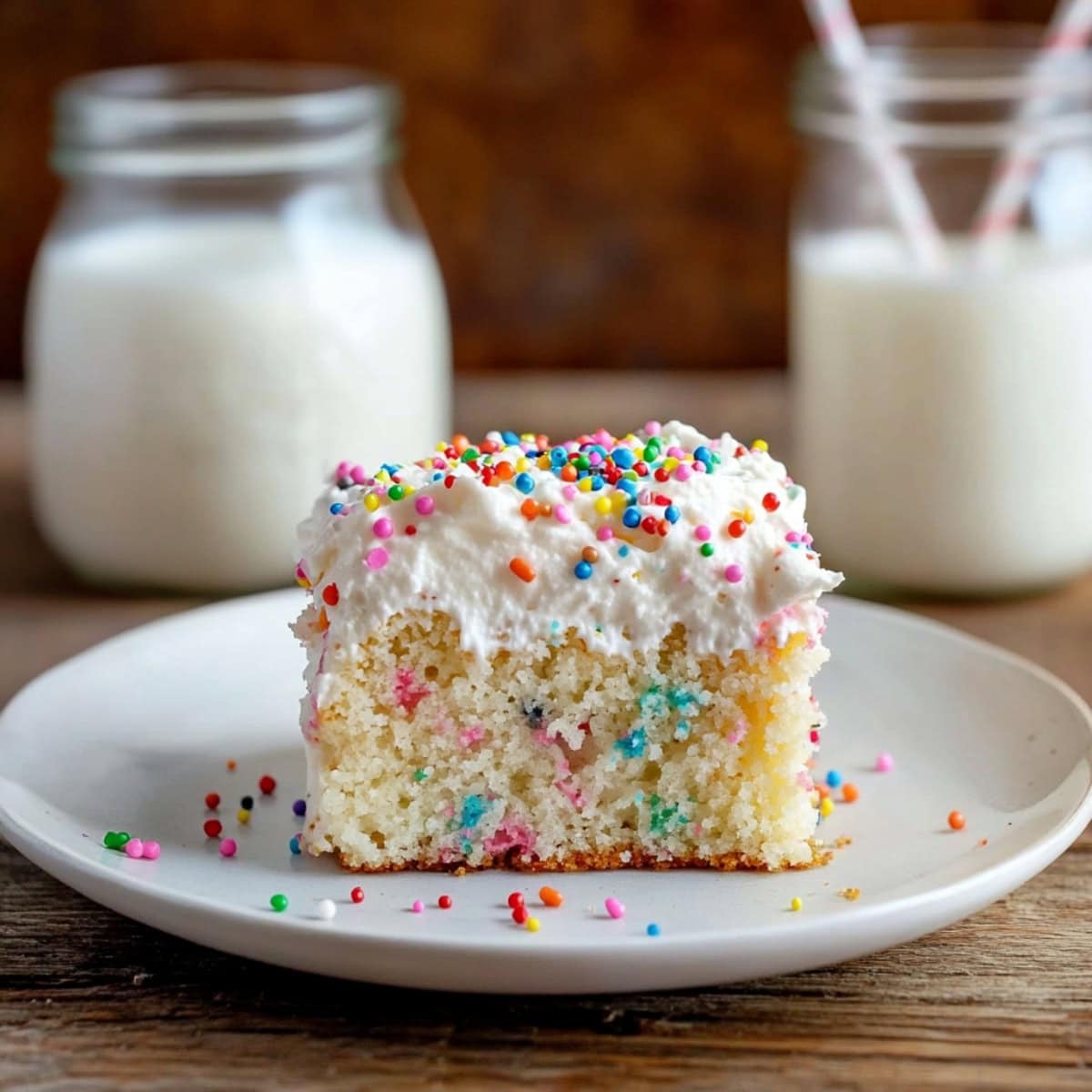 A close-up shot of a Funfetti poke cake slice showing layers of colorful sprinkles and frosting filling.